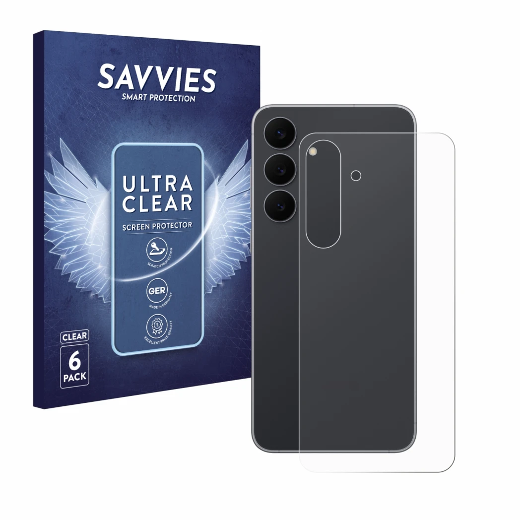 Face avant d’un emballage produit avec le logo de la marque Savvies. À côté, l’appareil Samsung Galaxy S25 FE (Arrière) est re