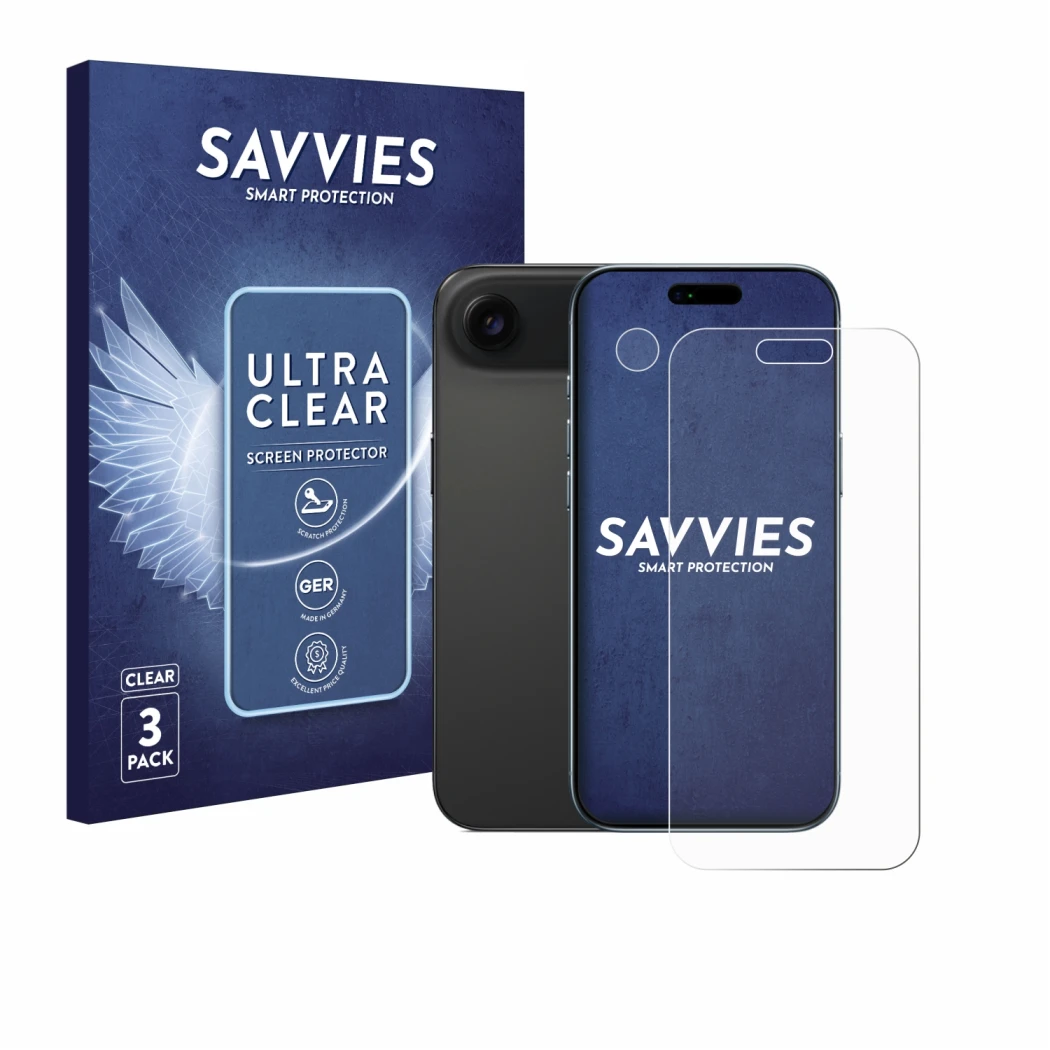 Face avant d’un emballage produit avec le logo de la marque Savvies. À côté, l’appareil Apple iPhone Air (Avant+Caméra) est re