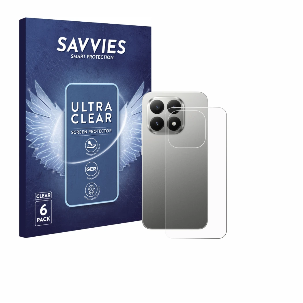 Face avant d’un emballage produit avec le logo de la marque Savvies. À côté, l’appareil Xiaomi 15T (Arrière) est représenté av