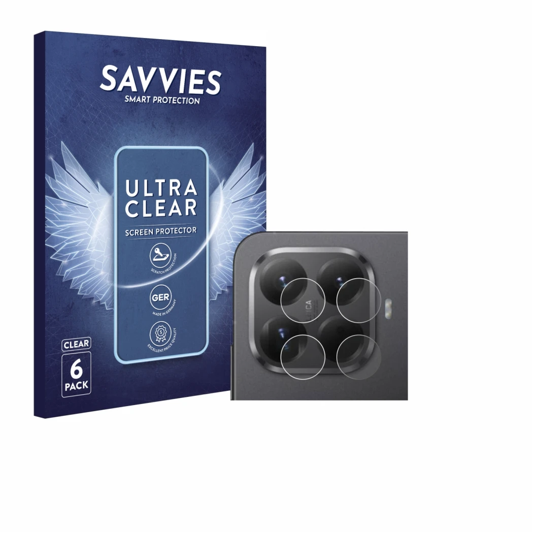 Face avant d’un emballage produit avec le logo de la marque Savvies. À côté, l’appareil Xiaomi 15T Pro (Caméra UNIQUEMENT) est