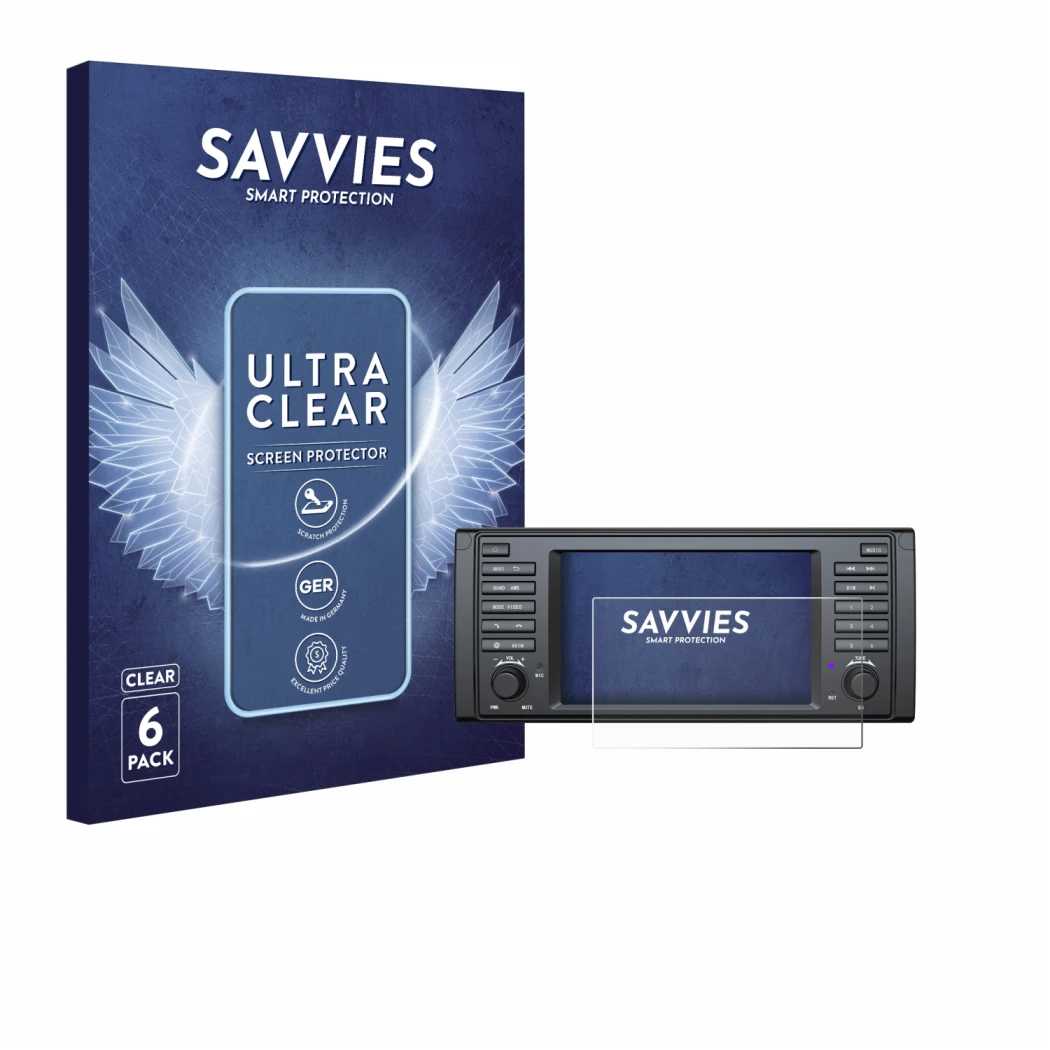 Face avant d’un emballage produit avec le logo de la marque Savvies. À côté, l’appareil Eonon E39A12S est représenté avec la p