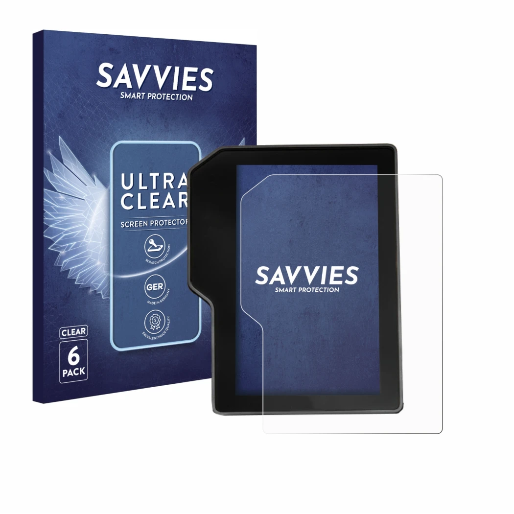 Face avant d’un emballage produit avec le logo de la marque Savvies. À côté, l’appareil Yamaha Tenere 700 / Rally 2025 est rep