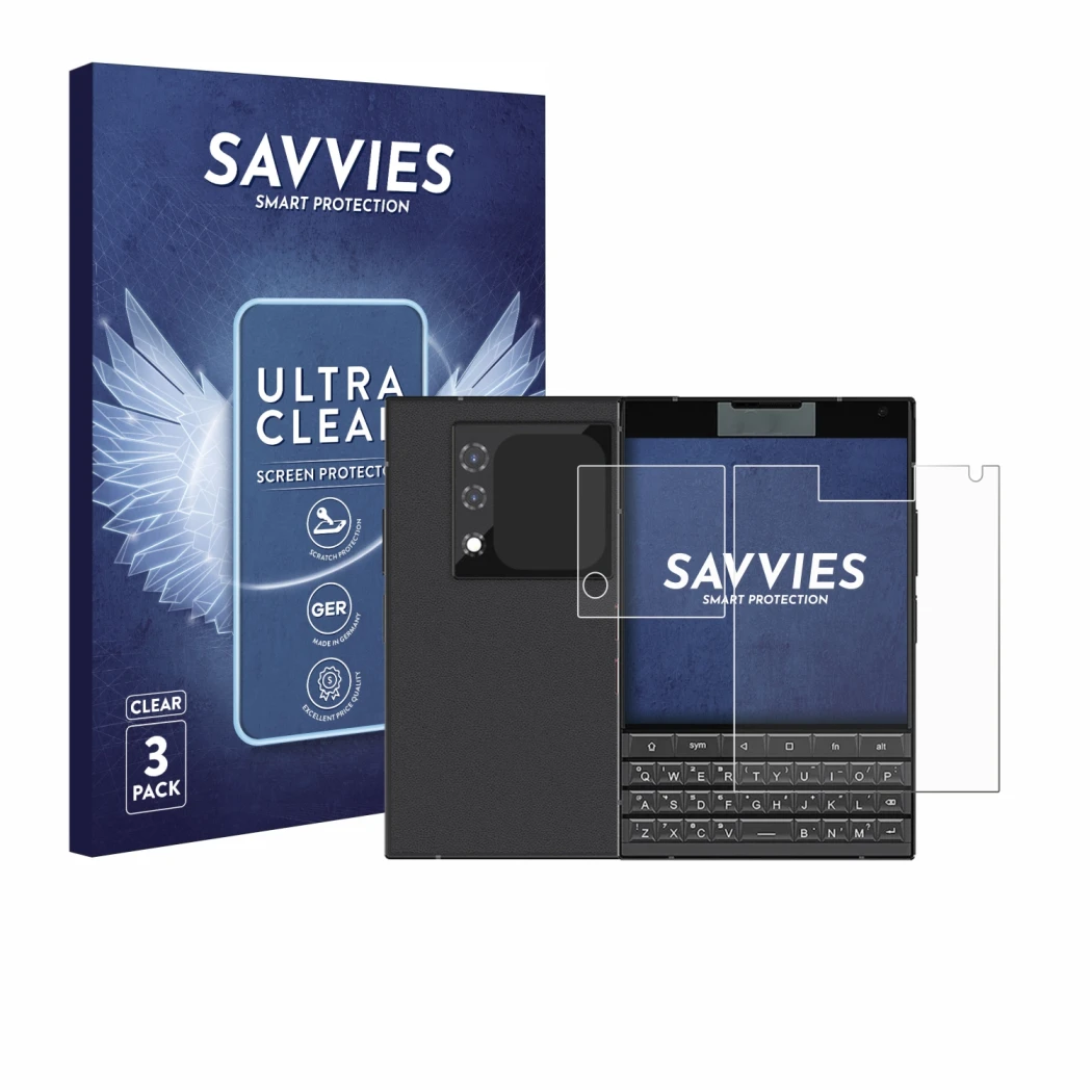 Face avant d’un emballage produit avec le logo de la marque Savvies. À côté, l’appareil Unihertz Titan 2 (Avant+Caméra) est re