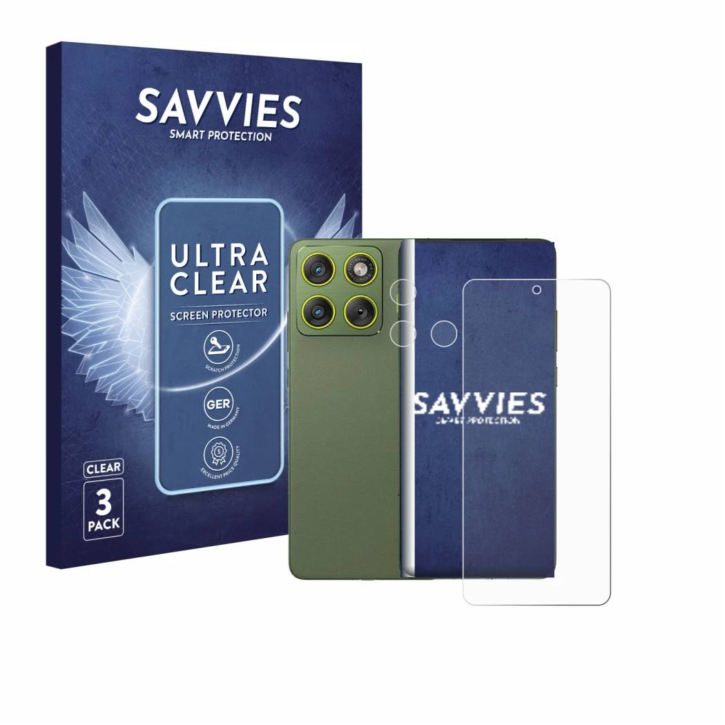 Face avant d’un emballage produit avec le logo de la marque Savvies. À côté, l’appareil Motorola Edge 70 (Avant+Caméra) est re