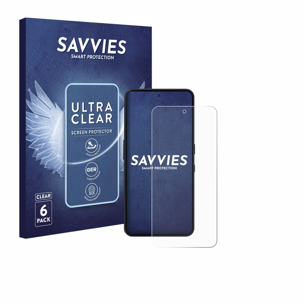 Face avant d’un emballage produit avec le logo de la marque Savvies. À côté, l’appareil Nothing Phone (3a) Lite est représenté