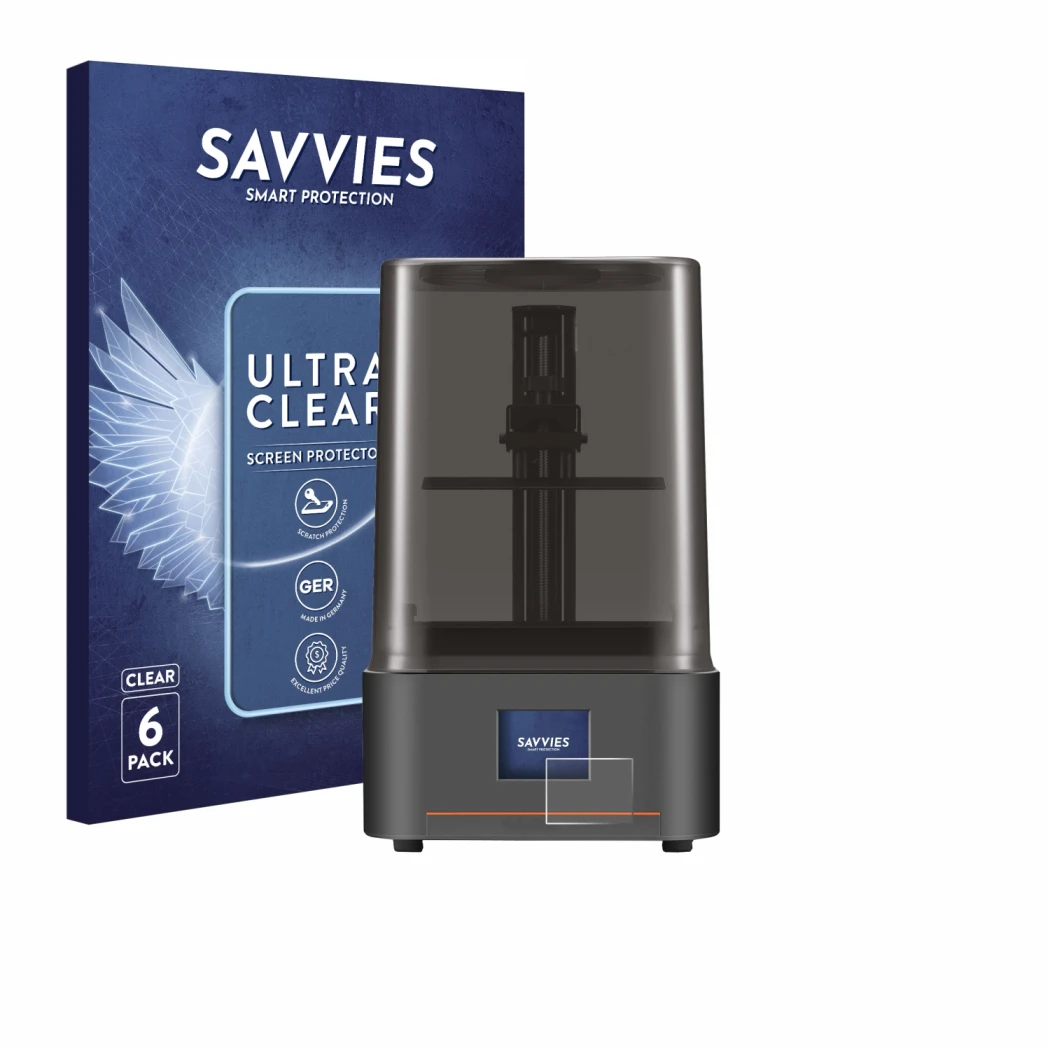 Face avant d’un emballage produit avec le logo de la marque Savvies. À côté, l’appareil Anycubic Photon Mono 4 est représenté 
