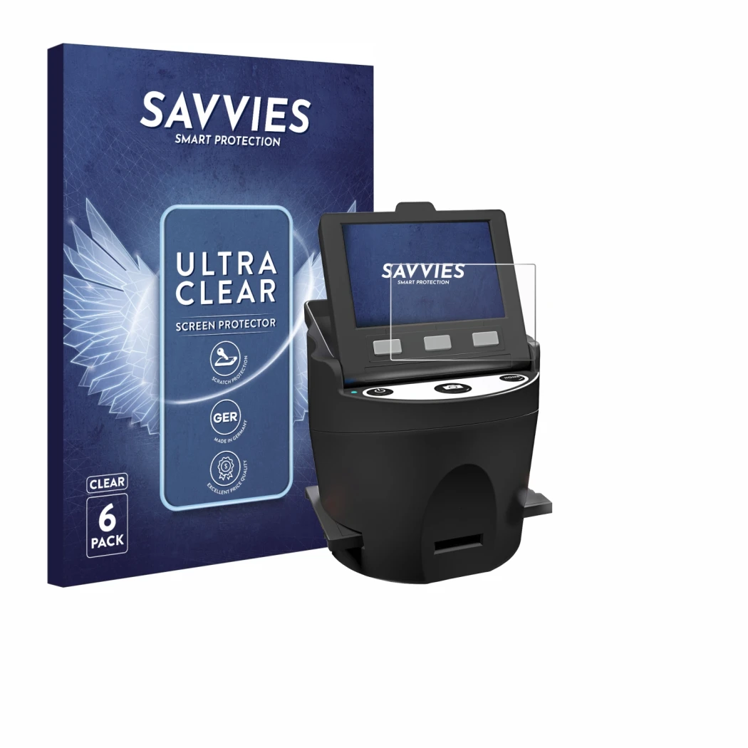 Face avant d’un emballage produit avec le logo de la marque Savvies. À côté, l’appareil Kodak SCANZA est représenté avec la pr