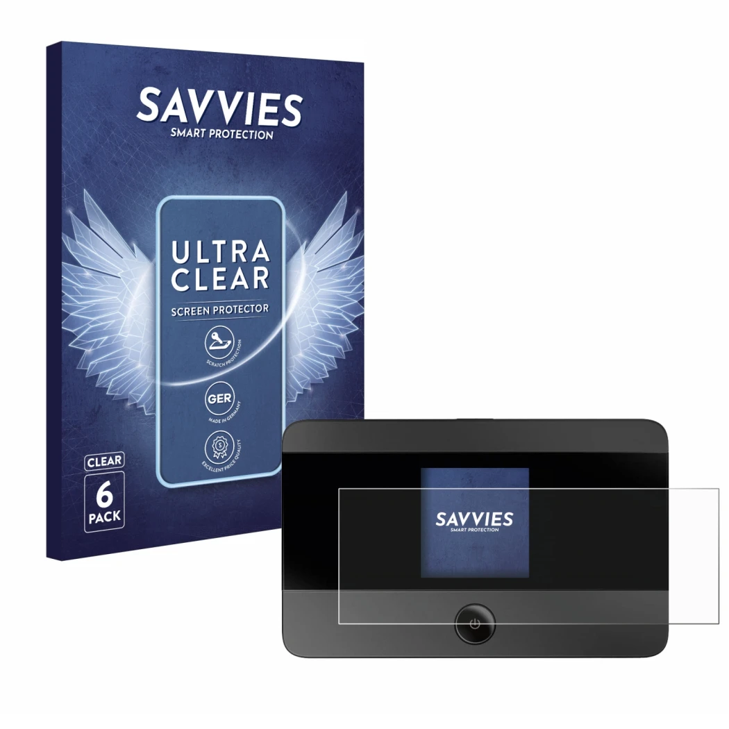 Face avant d’un emballage produit avec le logo de la marque Savvies. À côté, l’appareil TP-Link M7350 est représenté avec la p