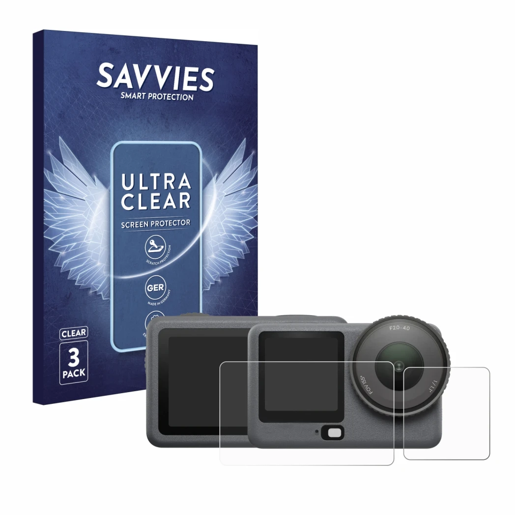 Face avant d’un emballage produit avec le logo de la marque Savvies. À côté, l’appareil DJI Osmo Action 6 est représenté avec 