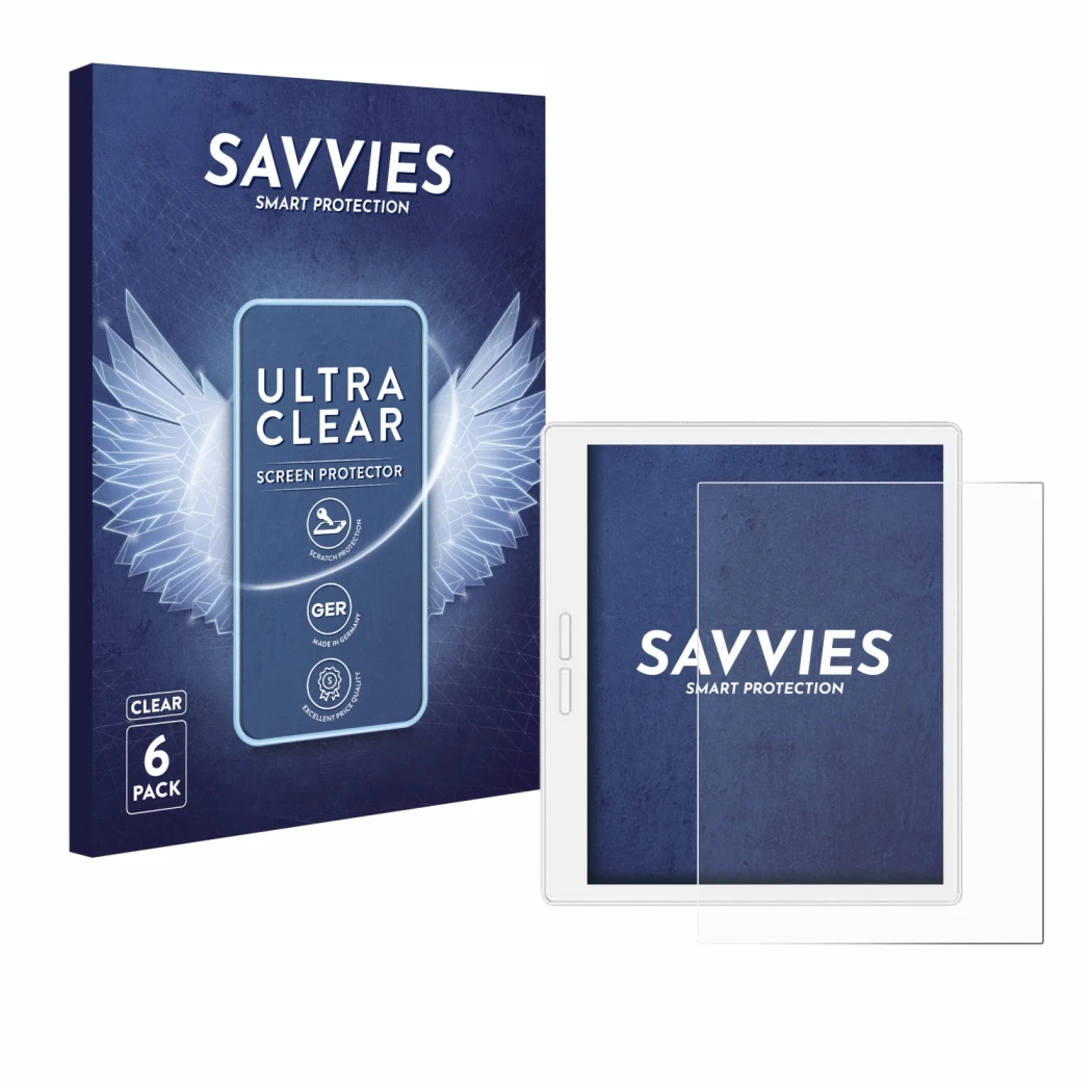 Face avant d’un emballage produit avec le logo de la marque Savvies. À côté, l’appareil Bigme B751C-S est représenté avec la p