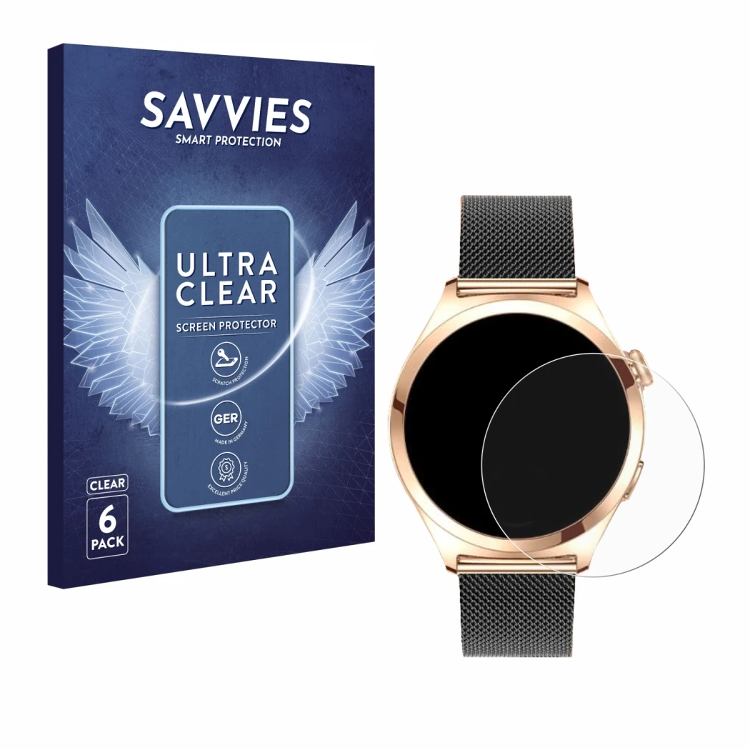 Face avant d’un emballage produit avec le logo de la marque Savvies. À côté, l’appareil Niolina Smartwatch 1.27