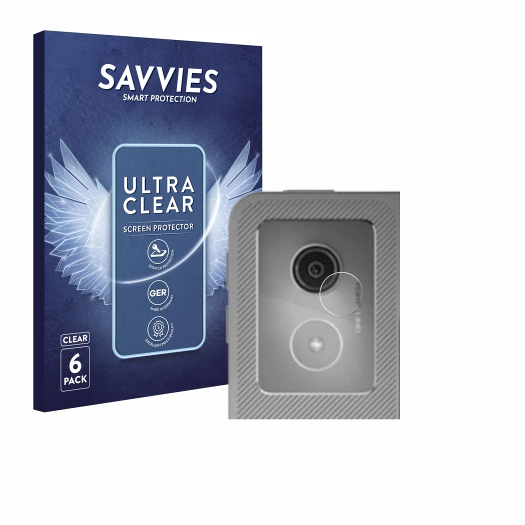 Face avant d’un emballage produit avec le logo de la marque Savvies. À côté, l’appareil Lenovo Idea Tab Pro 12.7