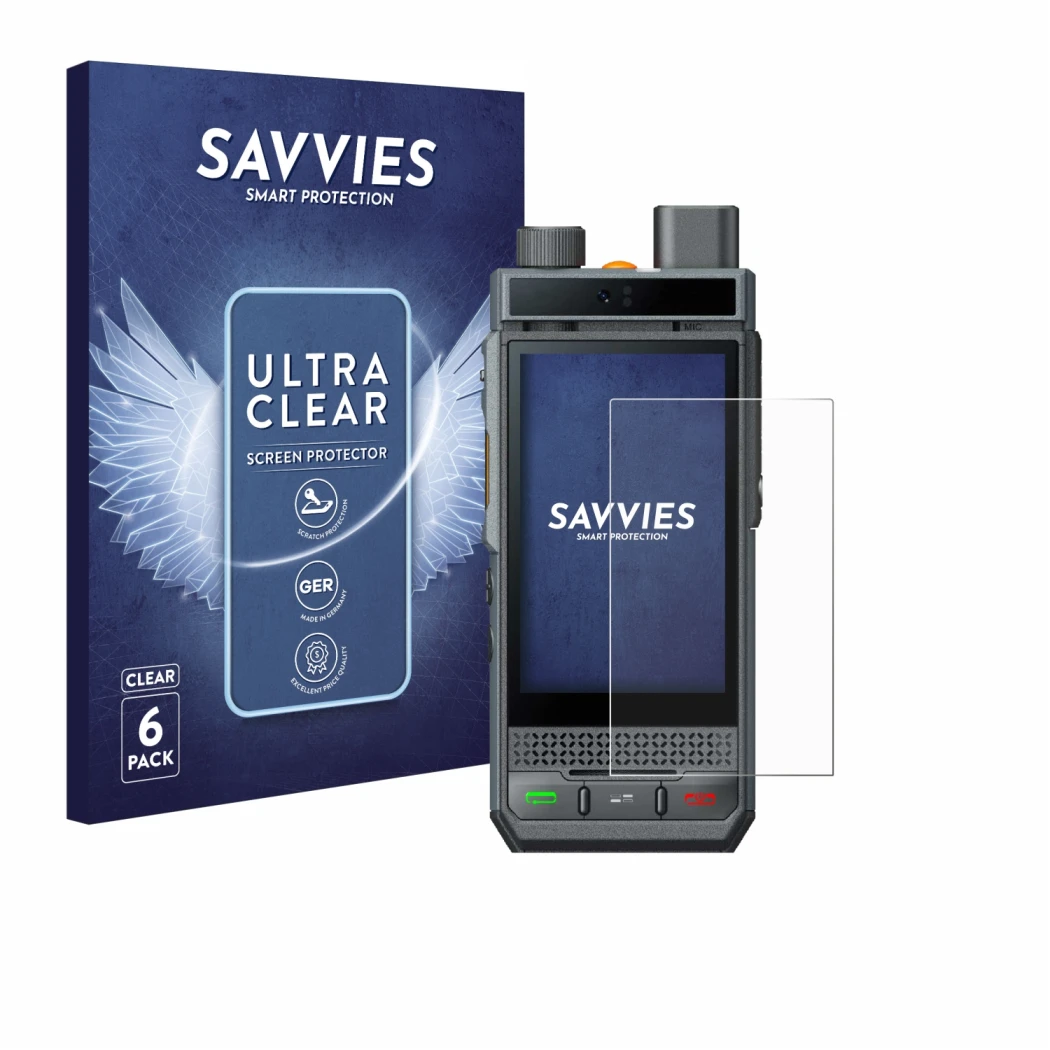 Face avant d’un emballage produit avec le logo de la marque Savvies. À côté, l’appareil Hytera P60 est représenté avec la prot