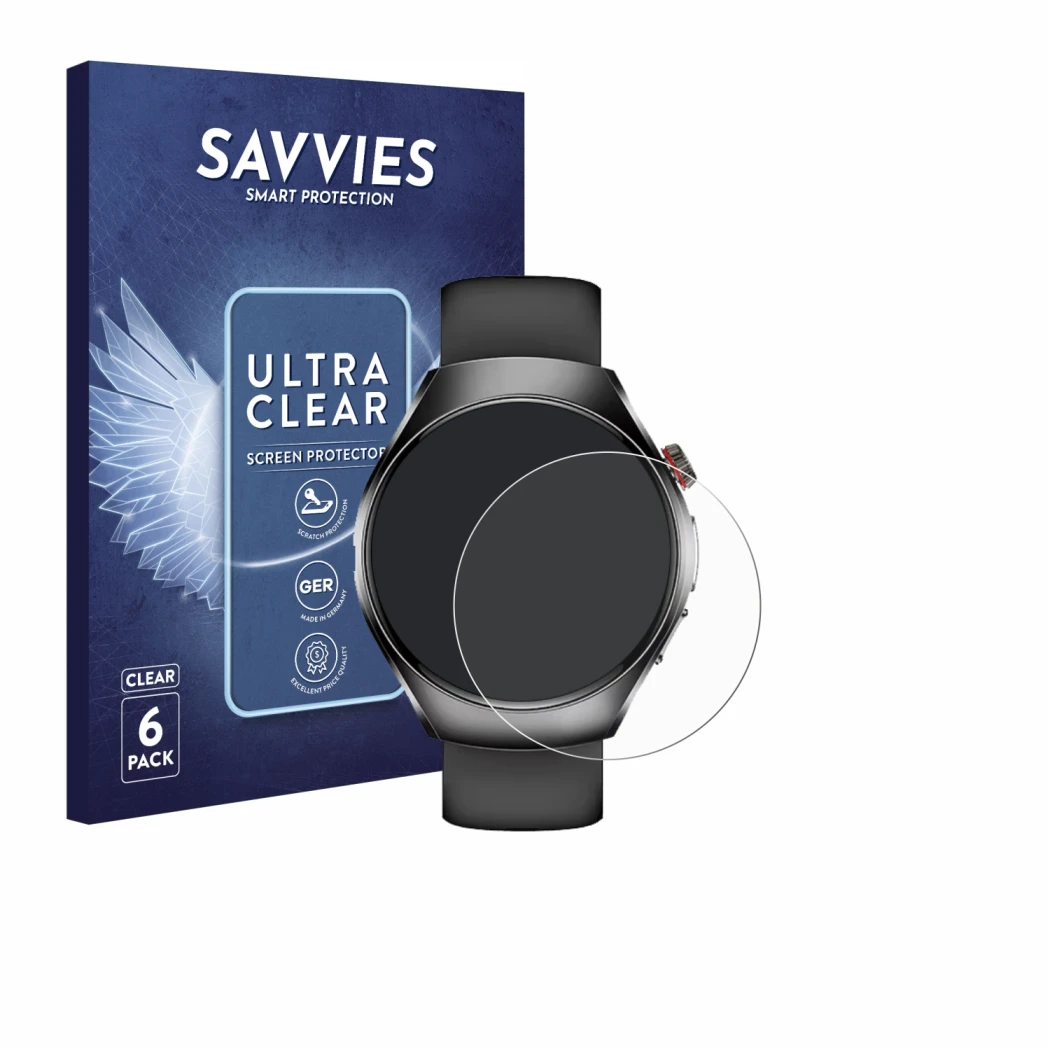 Face avant d’un emballage produit avec le logo de la marque Savvies. À côté, l’appareil Smartwatch ET460 1.47