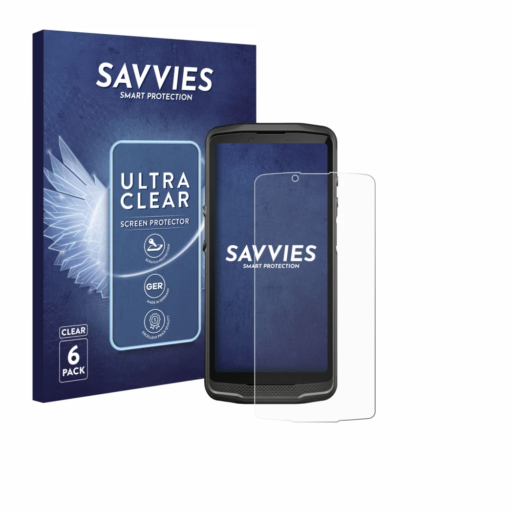 Face avant d’un emballage produit avec le logo de la marque Savvies. À côté, l’appareil Crosscall Core M6 est représenté avec 
