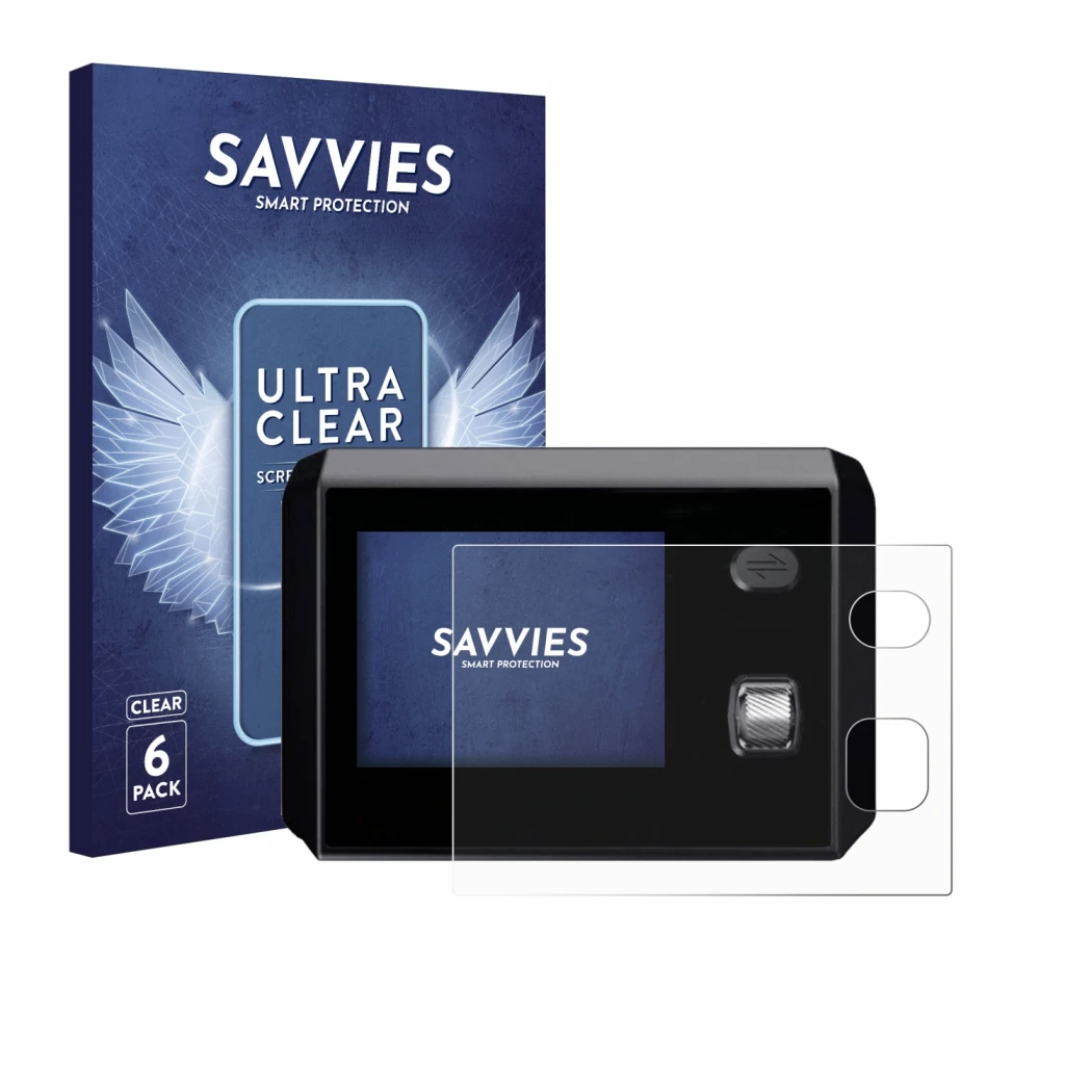 Face avant d’un emballage produit avec le logo de la marque Savvies. À côté, l’appareil SkyRC MC5000 est représenté avec la pr