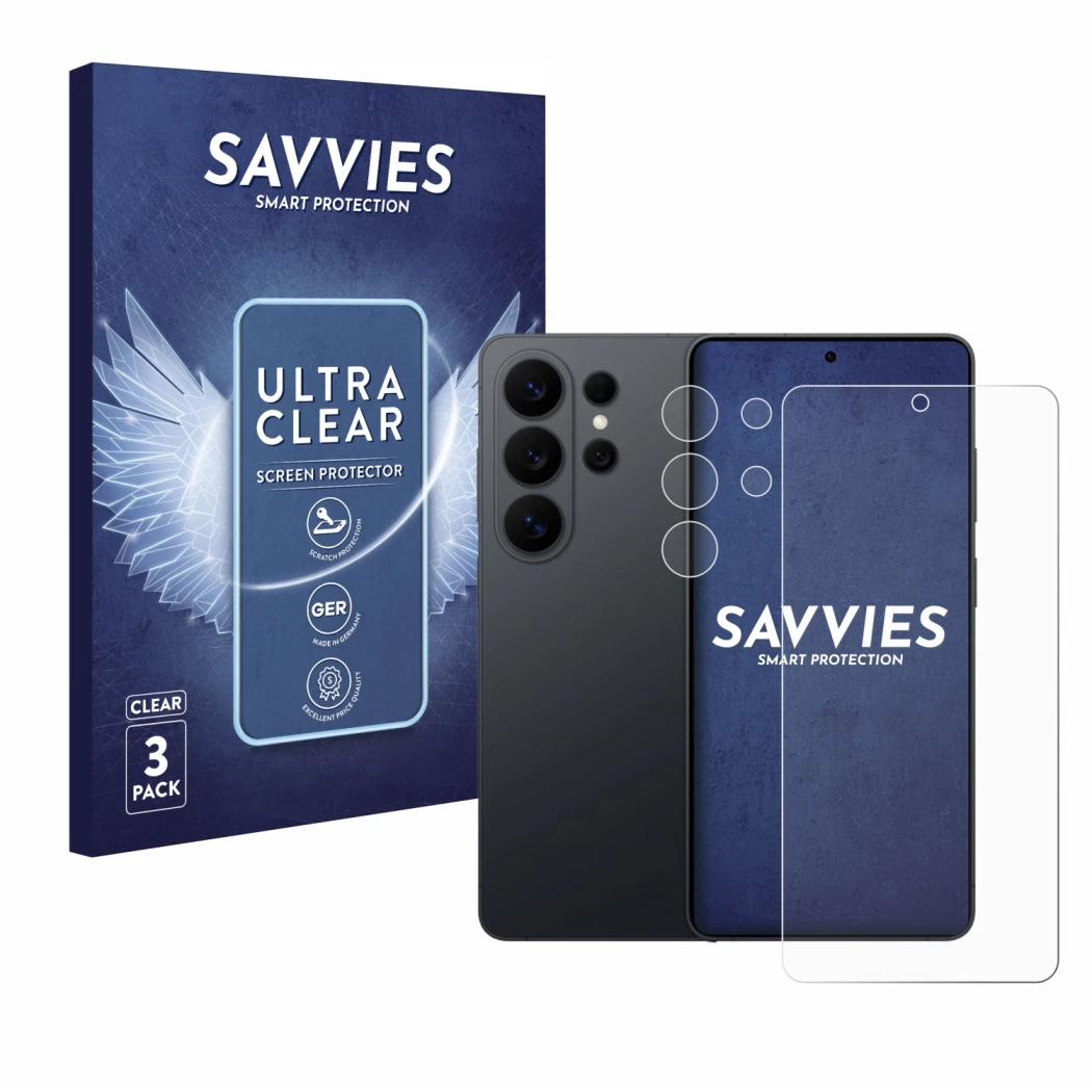 Face avant d’un emballage produit avec le logo de la marque Savvies. À côté, l’appareil Samsung Galaxy S26 Ultra (Avant+Caméra
