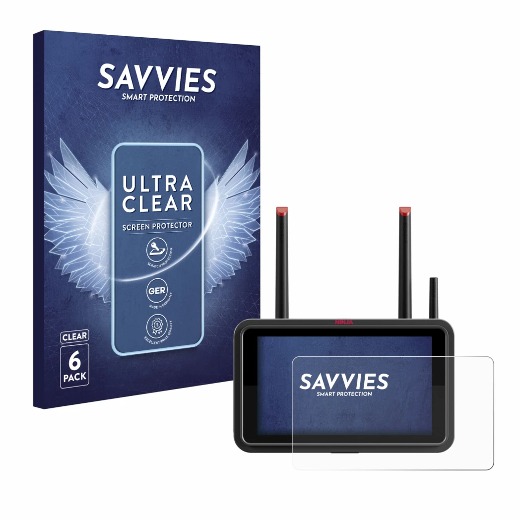Face avant d’un emballage produit avec le logo de la marque Savvies. À côté, l’appareil Atomos Ninja TX est représenté avec la