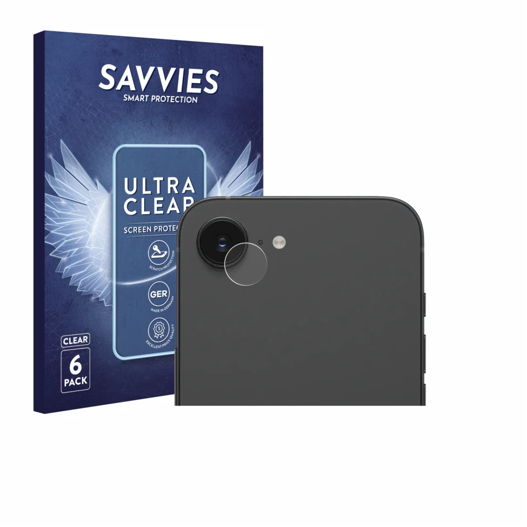 Face avant d’un emballage produit avec le logo de la marque Savvies. À côté, l’appareil Apple iPhone 17e (Caméra UNIQUEMENT) e