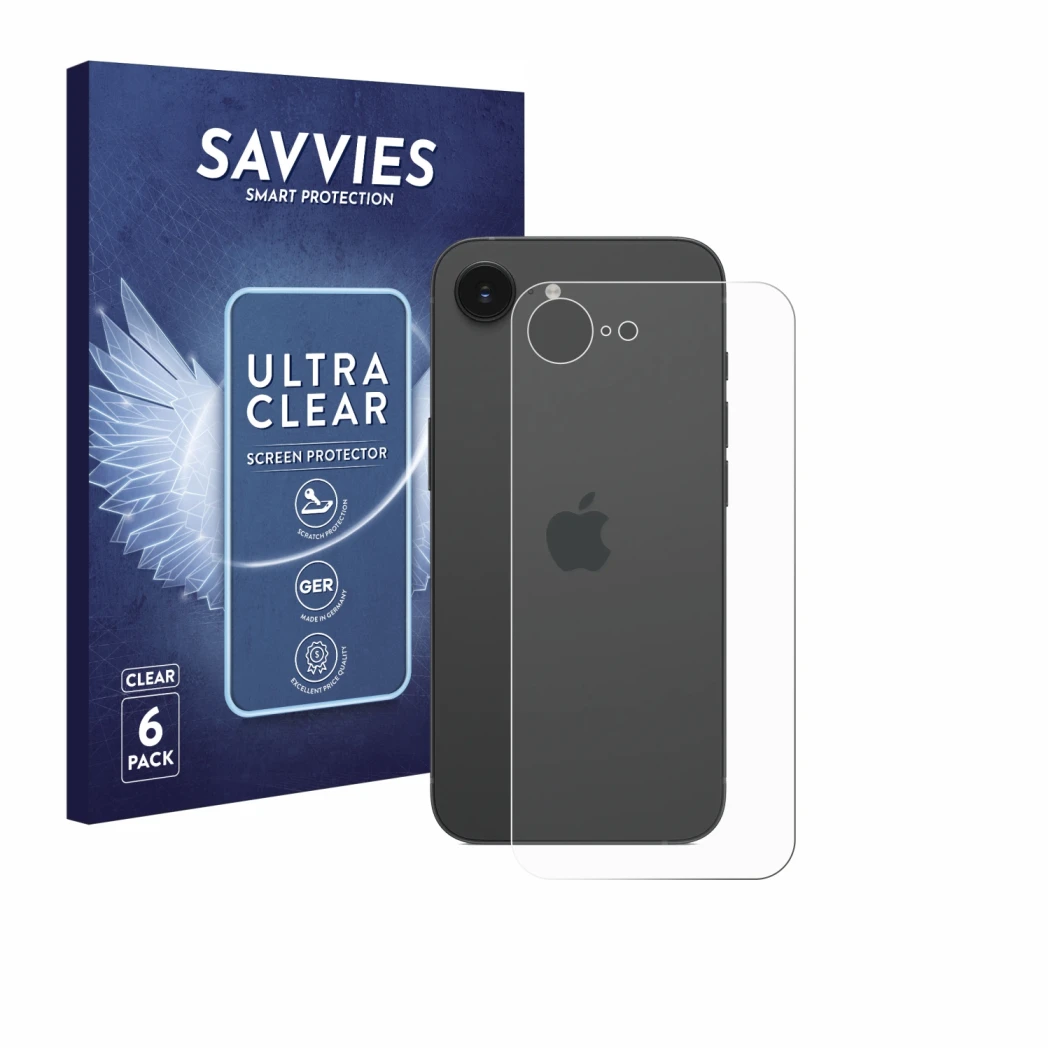 Face avant d’un emballage produit avec le logo de la marque Savvies. À côté, l’appareil Apple iPhone 17e (Arrière) est représe