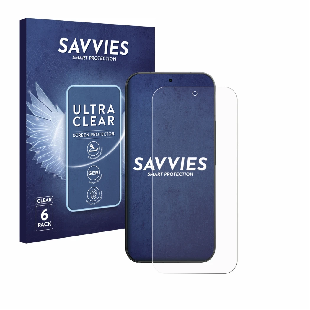 Face avant d’un emballage produit avec le logo de la marque Savvies. À côté, l’appareil Vivo V70 est représenté avec la protec