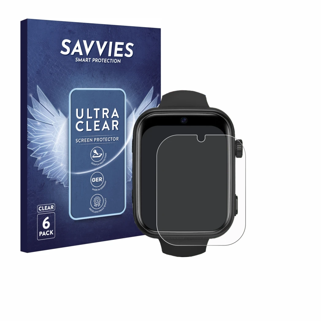 Face avant d’un emballage produit avec le logo de la marque Savvies. À côté, l’appareil Aimiuvei Kids Smartwatch est représent