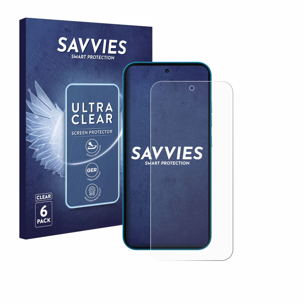 Face avant d’un emballage produit avec le logo de la marque Savvies. À côté, l’appareil Nothing Phone (4a) est représenté avec