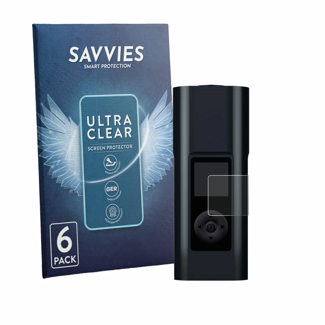 Face avant d’un emballage produit avec le logo de la marque Savvies. À côté, l’appareil Arizer Solo 3 V2 est représenté avec l