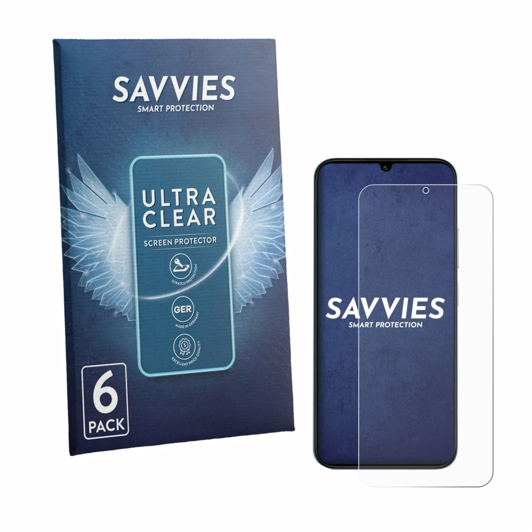 Face avant d’un emballage produit avec le logo de la marque Savvies. À côté, l’appareil Redmi R70 5G est représenté avec la pr