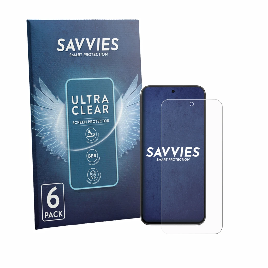 Face avant d’un emballage produit avec le logo de la marque Savvies. À côté, l’appareil Oppo K14 est représenté avec la protec