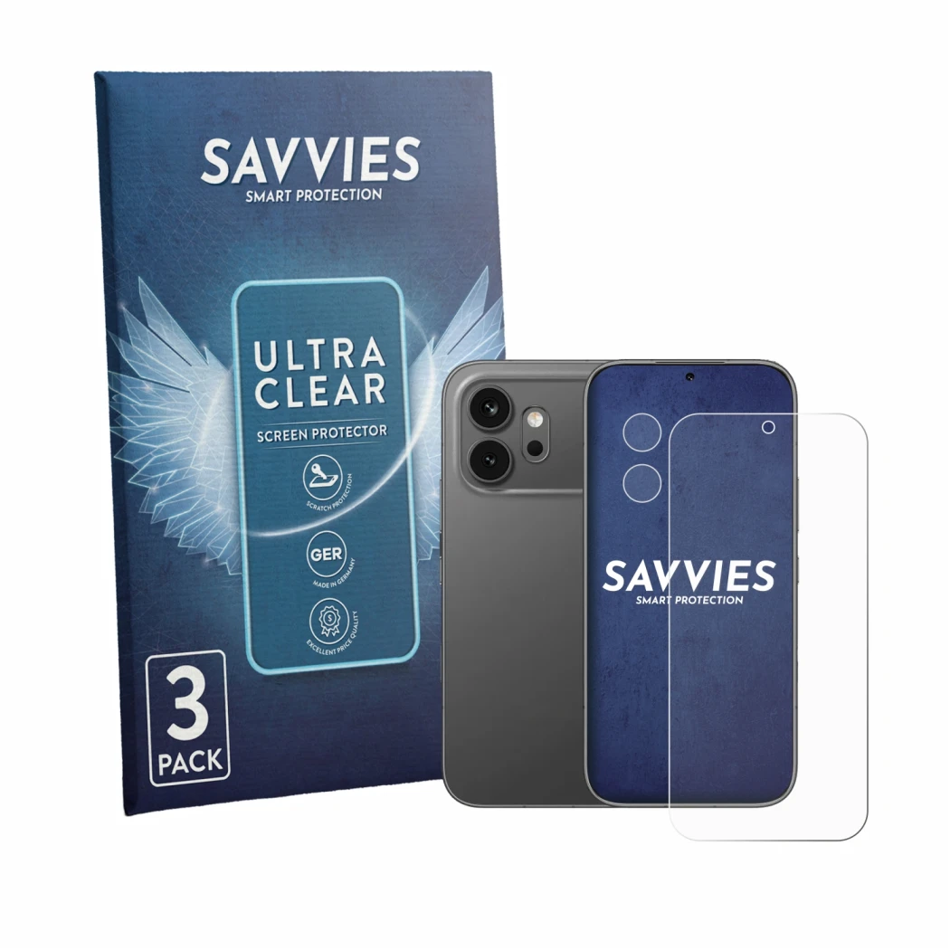Face avant d’un emballage produit avec le logo de la marque Savvies. À côté, l’appareil Honor 600 (Avant+Caméra) est représent