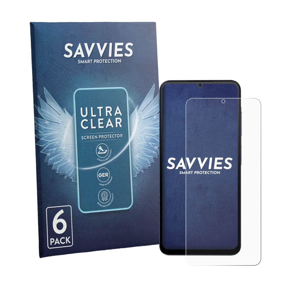 Face avant d’un emballage produit avec le logo de la marque Savvies. À côté, l’appareil Hotwav A56 est représenté avec la prot