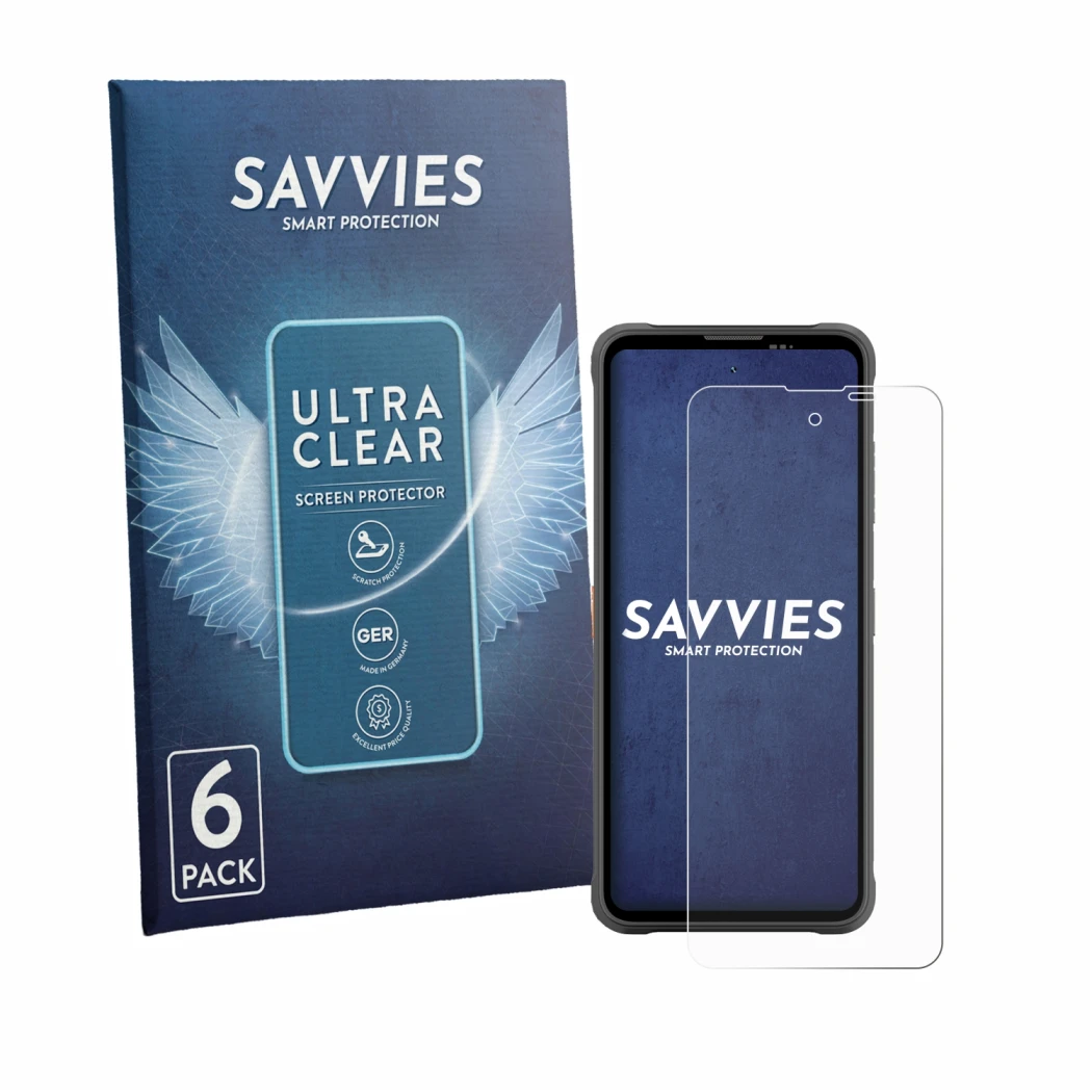 Face avant d’un emballage produit avec le logo de la marque Savvies. À côté, l’appareil Blackview Fort 5 est représenté avec l