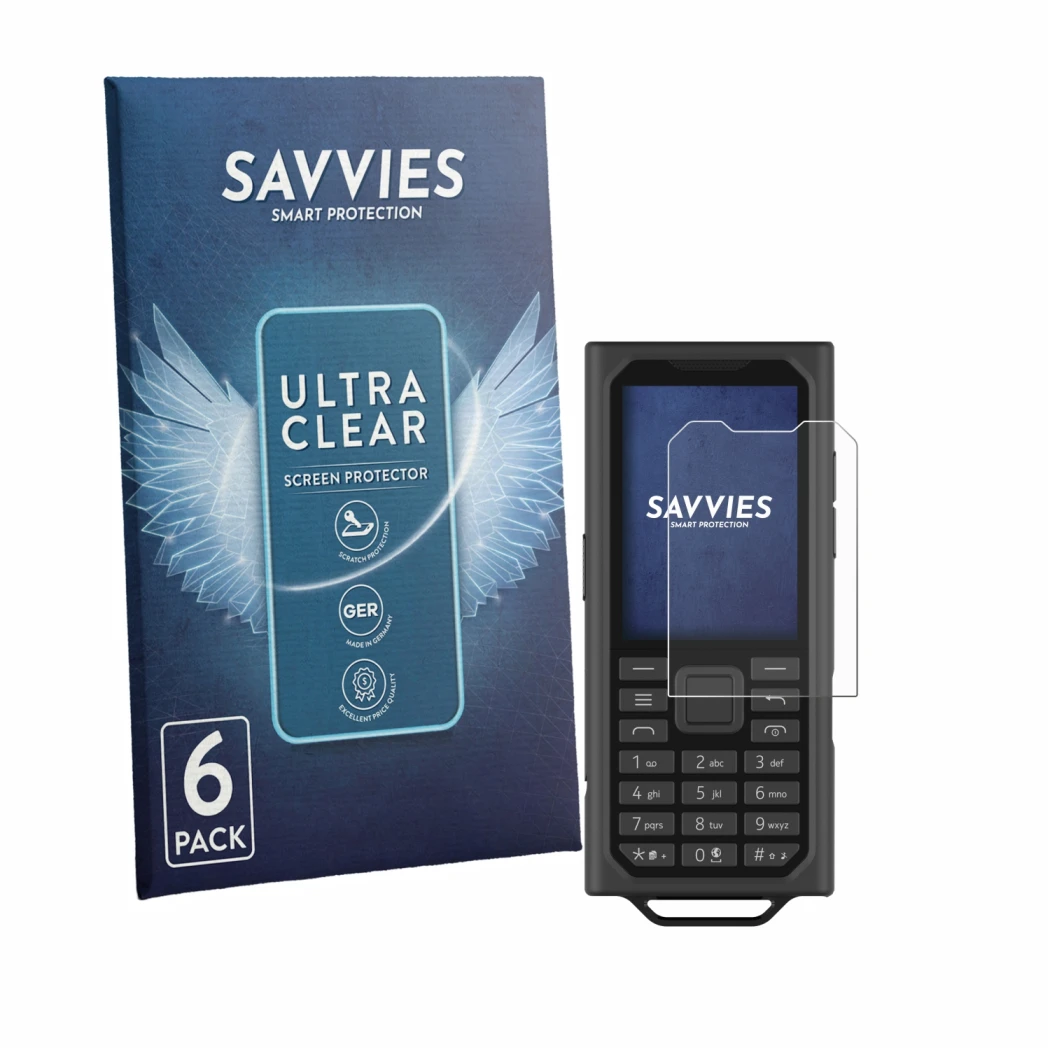 Face avant d’un emballage produit avec le logo de la marque Savvies. À côté, l’appareil HMD Terra M est représenté avec la pro
