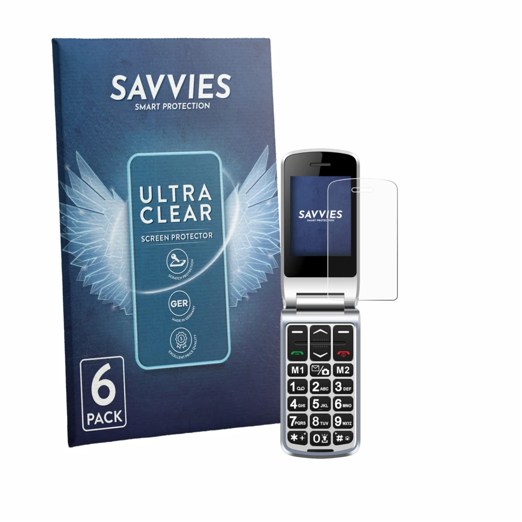 Face avant d’un emballage produit avec le logo de la marque Savvies. À côté, l’appareil Sweetlink F1PLUS est représenté avec l