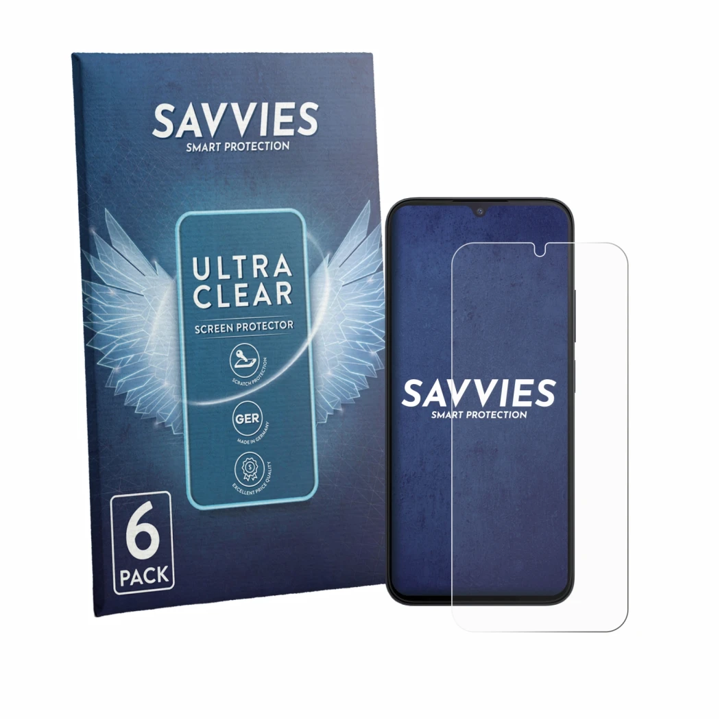 Face avant d’un emballage produit avec le logo de la marque Savvies. À côté, l’appareil Xiaomi Redmi A7 est représenté avec la