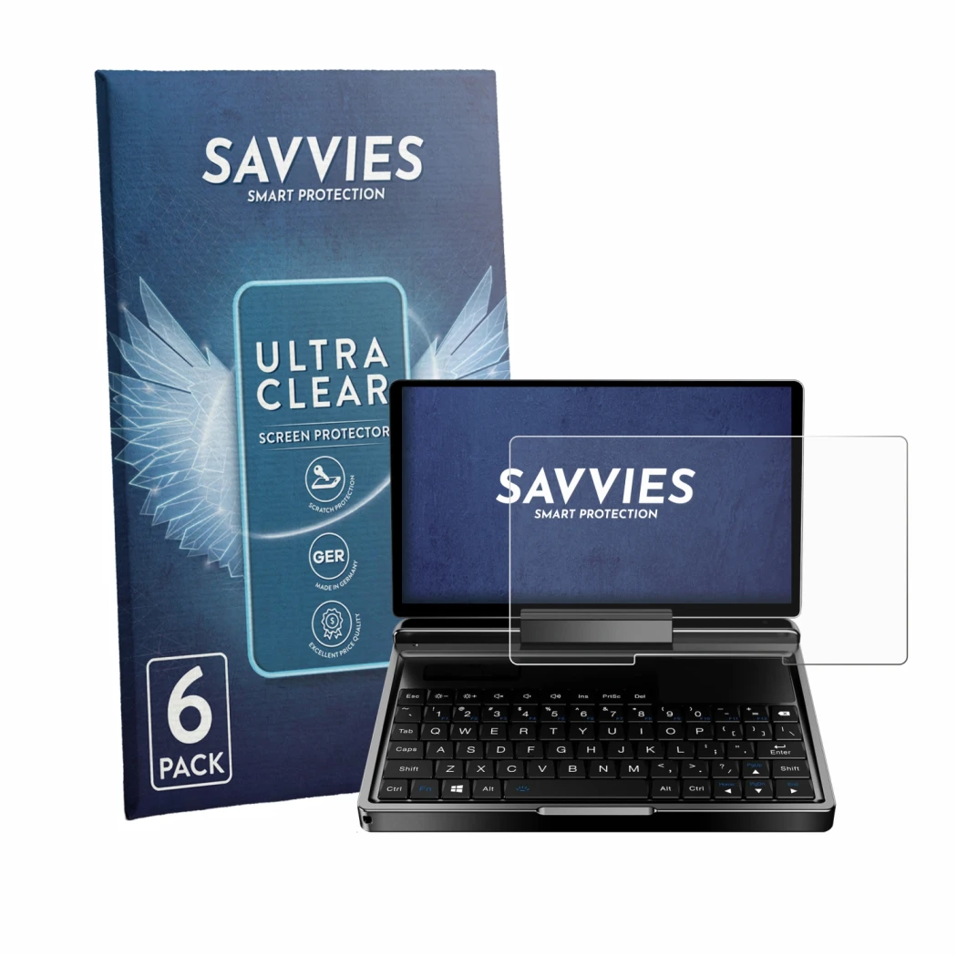 Face avant d’un emballage produit avec le logo de la marque Savvies. À côté, l’appareil GPD MicroPC 2 est représenté avec la p