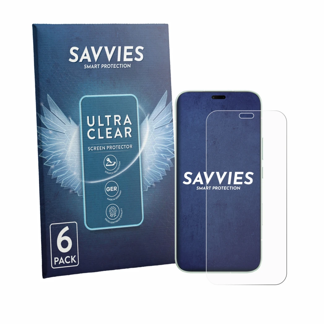 Face avant d’un emballage produit avec le logo de la marque Savvies. À côté, l’appareil Honor 600e est représenté avec la prot