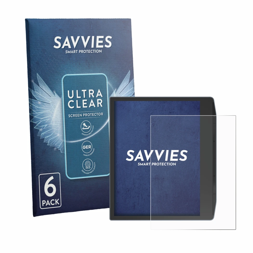 Face avant d’un emballage produit avec le logo de la marque Savvies. À côté, l’appareil PocketBook Era Lite est représenté ave