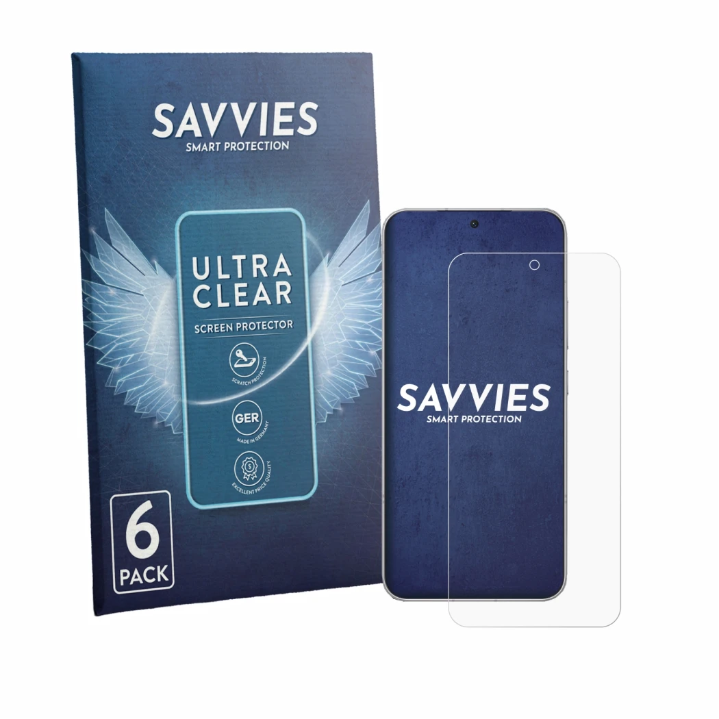 Face avant d’un emballage produit avec le logo de la marque Savvies. À côté, l’appareil Honor Win Turbo est représenté avec la
