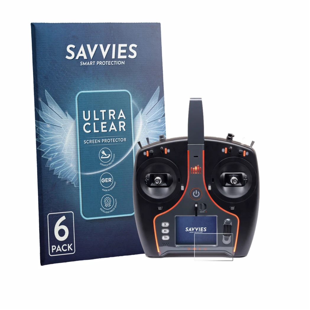 Face avant d’un emballage produit avec le logo de la marque Savvies. À côté, l’appareil Spektrum NX7e Plus est représenté avec