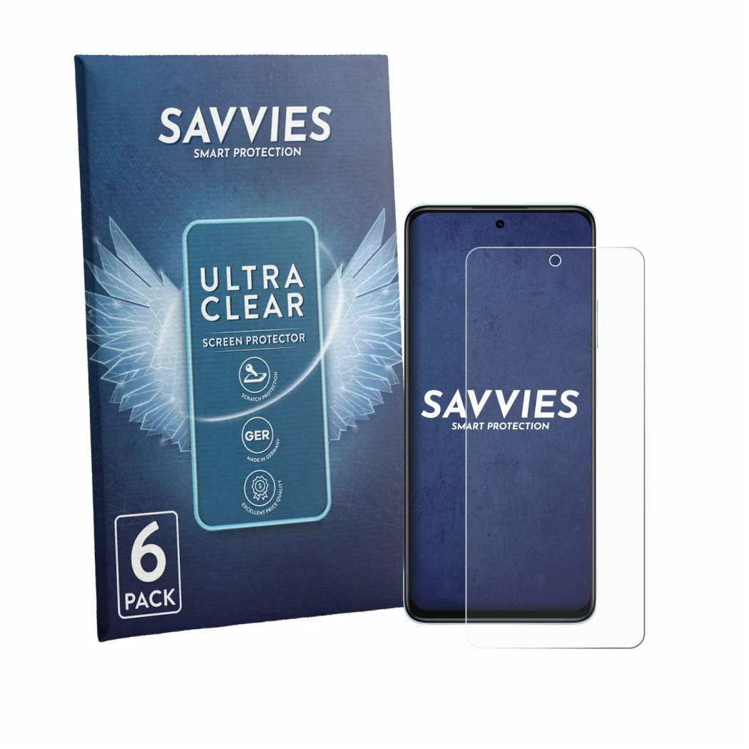 Face avant d’un emballage produit avec le logo de la marque Savvies. À côté, l’appareil Huawei Nova Y74 est représenté avec la