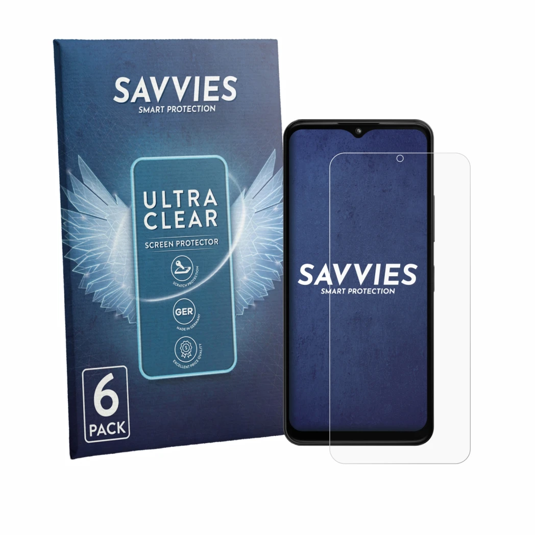 Face avant d’un emballage produit avec le logo de la marque Savvies. À côté, l’appareil HMD Arc est représenté avec la protect