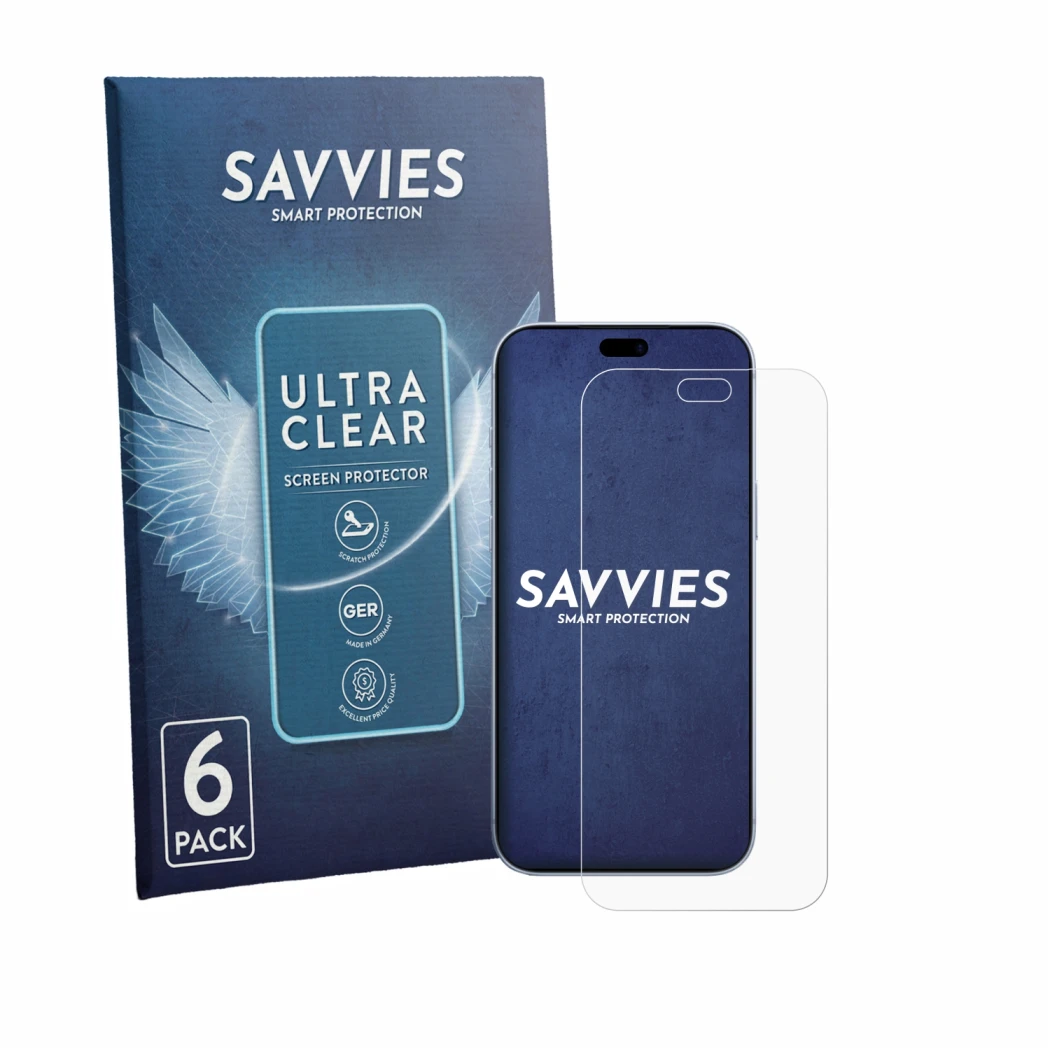 Face avant d’un emballage produit avec le logo de la marque Savvies. À côté, l’appareil Apple iPhone 18 Pro Max est représenté