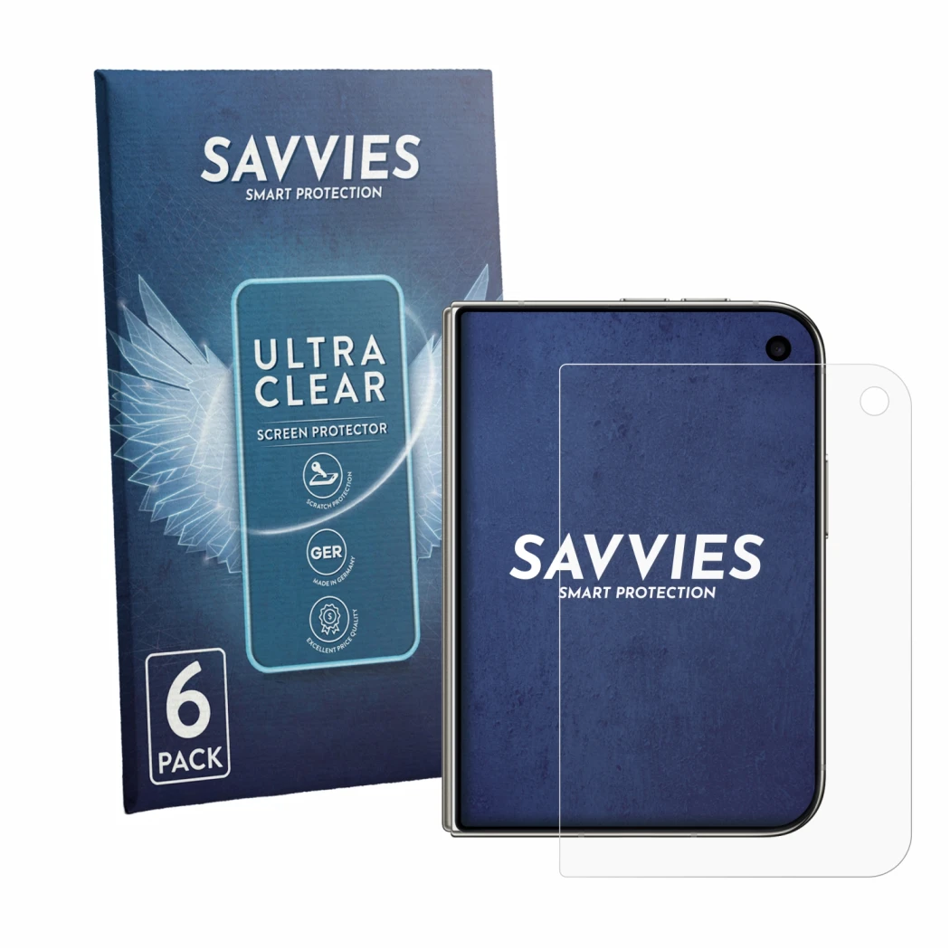 Face avant d’un emballage produit avec le logo de la marque Savvies. À côté, l’appareil Apple iPhone Duo est représenté avec l
