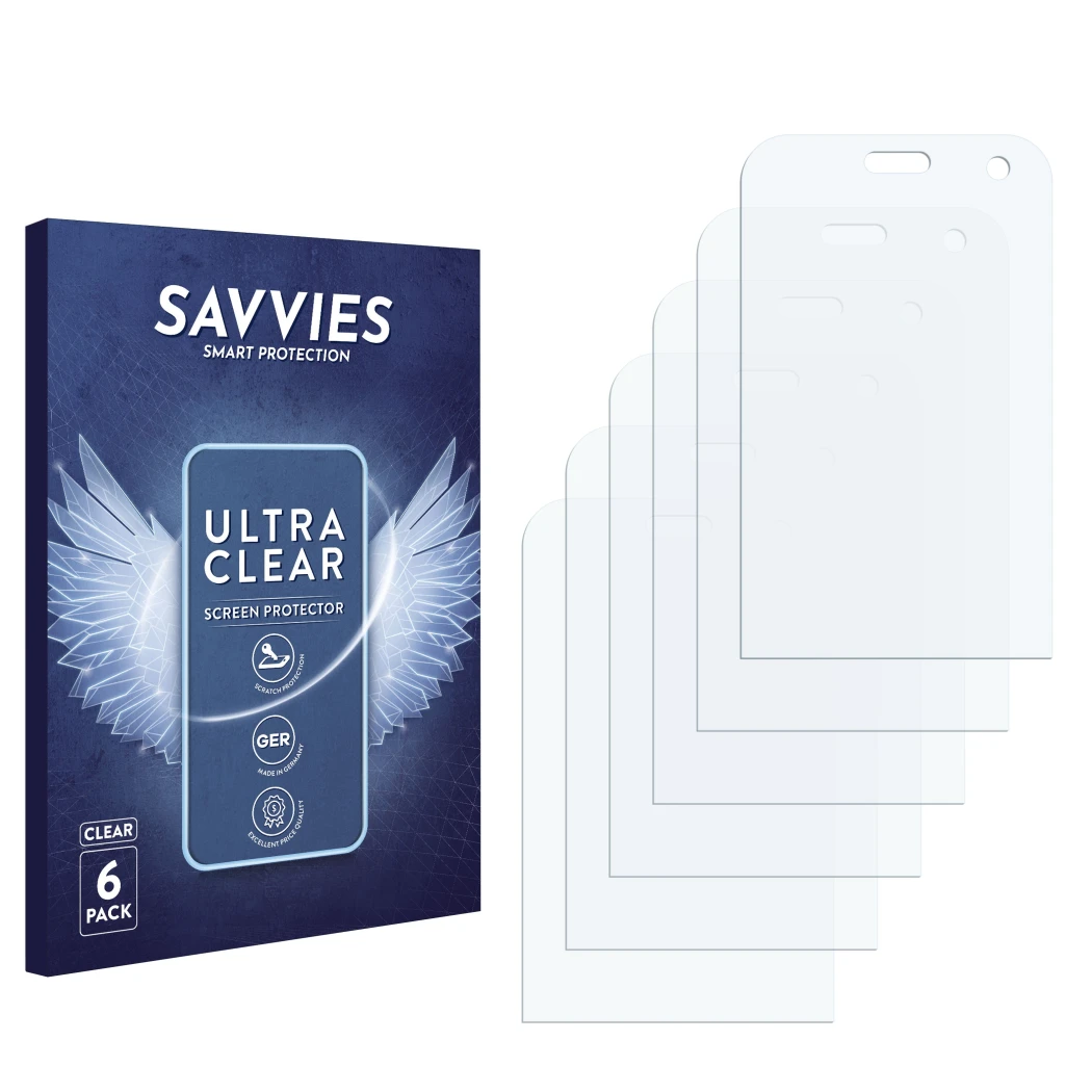 Face avant d’un emballage produit avec le logo de la marque Savvies. À côté se trouve la protection d’écran correspondante.
