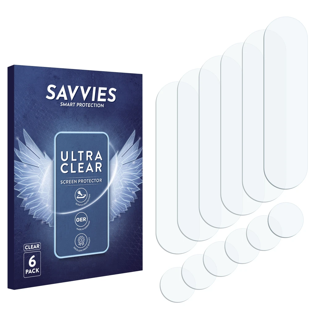 Face avant d’un emballage produit avec le logo de la marque Savvies. À côté se trouve la protection d’écran correspondante.