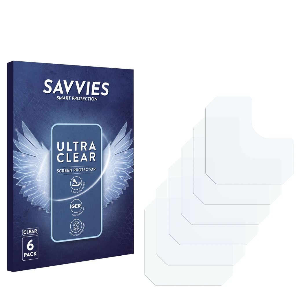 Face avant d’un emballage produit avec le logo de la marque Savvies. À côté se trouve la protection d’écran correspondante.