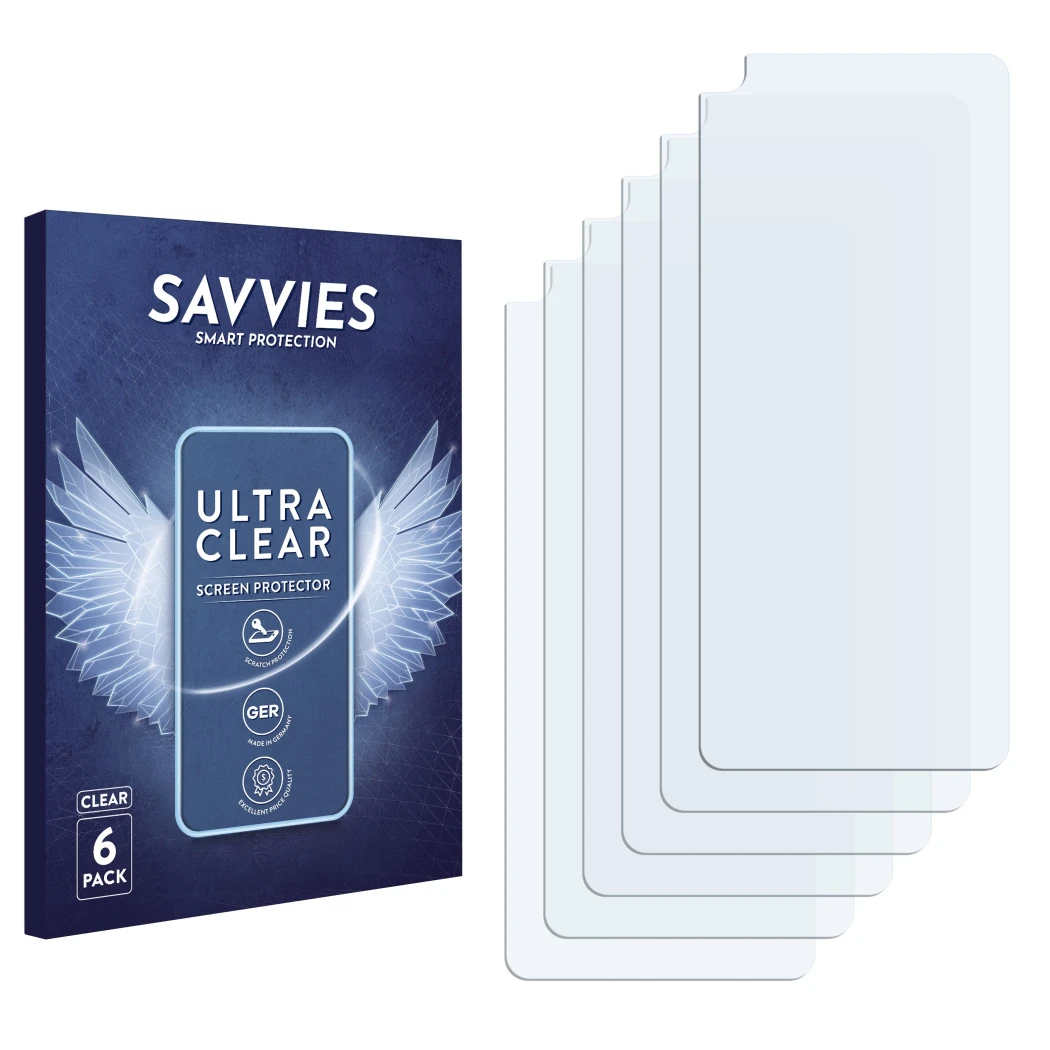 Face avant d’un emballage produit avec le logo de la marque Savvies. À côté se trouve la protection d’écran correspondante.