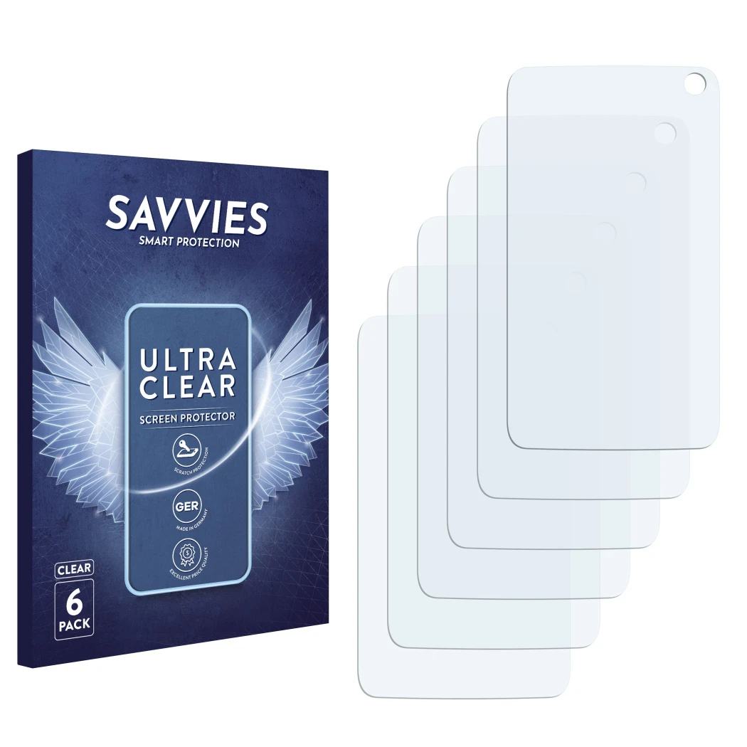 Face avant d’un emballage produit avec le logo de la marque Savvies. À côté se trouve la protection d’écran correspondante.